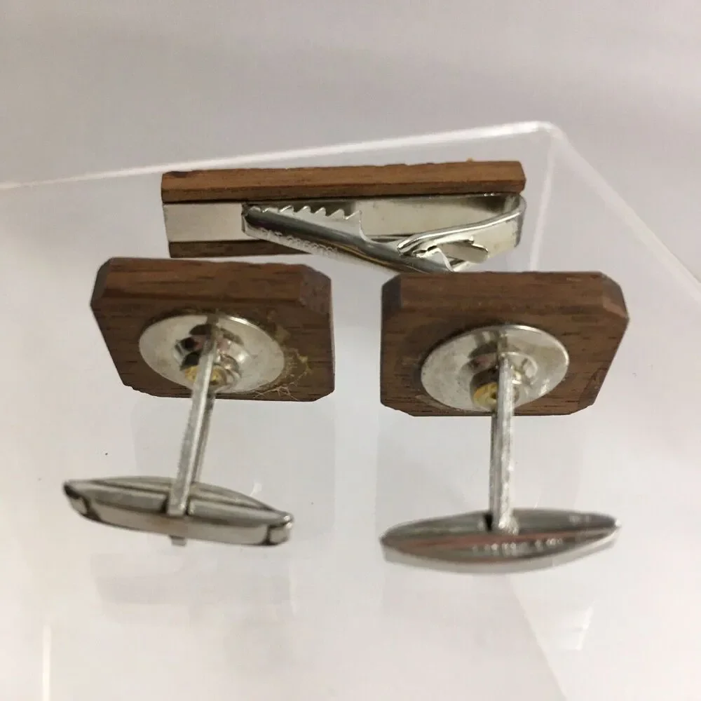 Vintage Etched Wood Leaf Cufflinks & Tie Clip Wooden Leaves Layered Modern H1